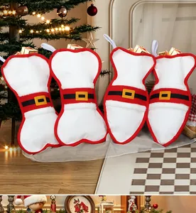 Set of 4 bone-shaped white and red Christmas stockings with Santa belt design