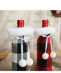 Close-up showing the soft faux fur collar and ribbon detail of plaid wine bottle covers
