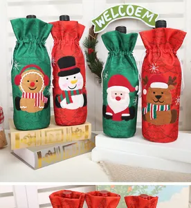 Set of 4 Christmas wine bottle covers featuring Santa, snowman, and reindeer characters.