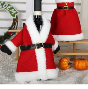 Detail view of festive red and white Santa-themed wine bottle covers for Christmas decor