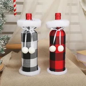 Christmas Wine Bottle Cover Plush Faux Fur Buffalo Plaid Bag Ribbon Bow Pom-pom Festive Home Table Party Decoration Gift