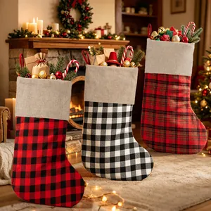 Calcetín de Navidad Grande Adorno Colgante de Cuadros Rojo Negro Blanco Buffalo Check Arpillera Decoración de Chimenea para Fiesta