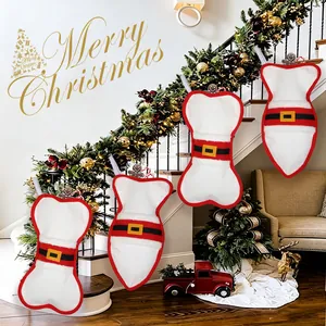 Set of 4 festive bone-shaped Christmas stockings in Santa style for dog holiday gift decor