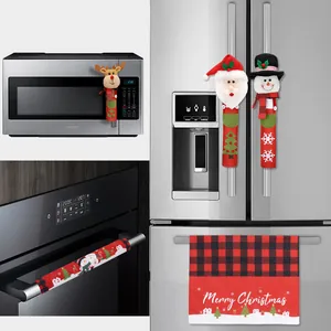 Set of Christmas-themed refrigerator handle covers and plaid towel for festive kitchen decor.