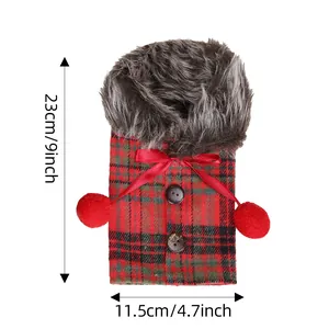 Plaid Christmas wine bottle cover with faux fur collar and red bow, 9 inch height.