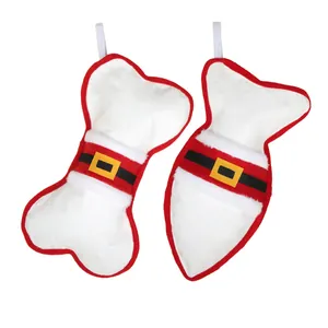 Bone and fish shaped plush Christmas stockings for pet gifts and fireplace decor