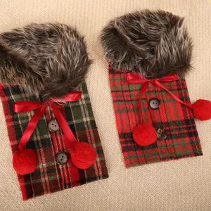 Festive Christmas plaid wine bottle covers with soft faux fur collar and red ribbon bow