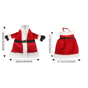 Festive Christmas wine bottle cover set featuring Santa coat and skirt designs with sizes