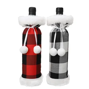 Festive Christmas buffalo plaid wine bottle covers with faux fur trim, set of 2 pieces