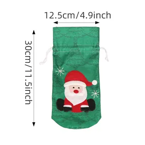 Christmas Santa wine bottle gift bag, green burlap sleeve, 30cm height dimensions