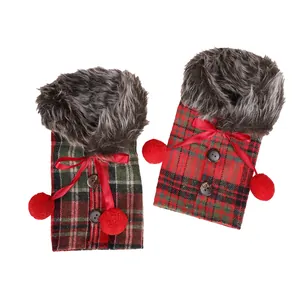 Festive plaid Christmas wine bottle covers with red bows, faux fur trim and wooden buttons