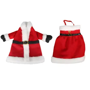 Miniature Christmas wine bottle covers in Santa coat and skirt style for table decor