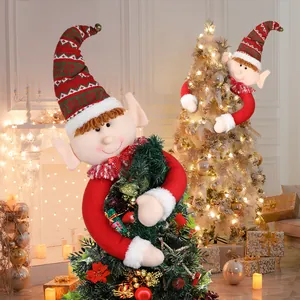 Grande Elfo di Natale Abbraccia Albero Puntale in Poliestere Peluche Decorazione Statuetta Elfo per Festa di Natale Addobbi Albero