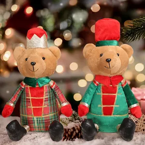 Christmas Seated Cartoon Teddy Bear Ornament Plush Bear Figurine With Plaid Outfit Crown Hat For Xmas Home Window Decoration