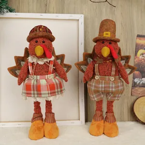 Thanksgiving Turkey Gnomes Plush Decoration Retractable Leg Turkey Doll Figurine Autumn Harvest Home Decor Table Ornaments