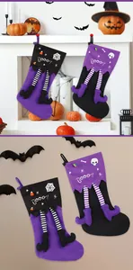 Halloween long-legged stockings with skull and spiderweb prints in festive scene
