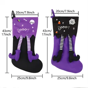 Large Halloween gift stockings with skull and spider web prints, size 43x25cm dimensions