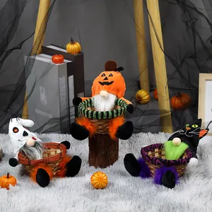 Halloween Faceless Gnome Decoration With Bamboo Woven Basket Pumpkin Ghost Black Cat Gnome Tabletop Ornaments Home Window Festive Decor