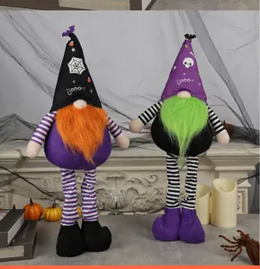 Detail view of Halloween telescopic plush gnomes with orange and green beards for decor