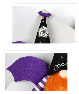 Close-up van een Halloween kabouter hanger met paarse vilten vleermuisvleugels en baard.