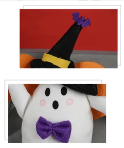 Detailed view of a Halloween ghost plush toy featuring a witch hat and bat wings