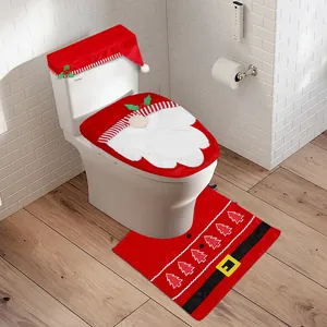 Ensemble de 3 Pièces Housse de Siège de Toilette de Noël Rouge Gnome sans Visage Couvercle Tapis en U Motif Sapin de Noël Décoration de Salle de Bain Maison Fête de Noël