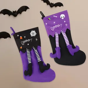 Creative Halloween decorative gift stockings with long striped legs and Booo print patterns