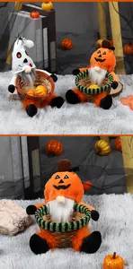 Detailed view of Halloween gnomes with bamboo candy baskets for tabletop decor