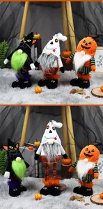 Gedetailleerd overzicht van drie Halloween kabouter pluche met kat, spook en pompoen thema