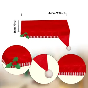 Couvercle de réservoir de toilette en velours rouge de Noël avec houx et pompon, 44x18 cm
