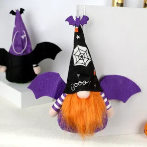 Halloween kabouter hangdecoratie met paarse vleugels en oranje baard