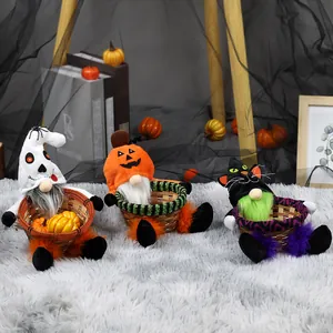 Set of 3 Halloween gnome candy baskets with ghost, pumpkin, and cat motifs