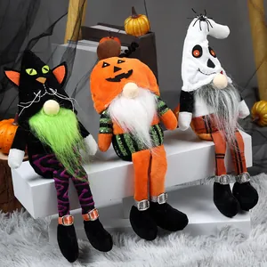 Three plush Halloween gnomes with black cat, pumpkin, and ghost designs for home decor.