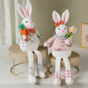 Pasen Lange Benen Konijn Pluche Pop Schattige Bunny Zittend Ornament Voor Huis Festival Feest Binnen Decoratie Groen Roze