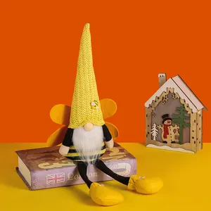 Handmade Bee Day gnome plush doll with yellow knitted hat and wings for home decor