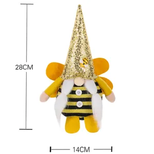 Handmade honey bee gnome plush with gold sequin hat and wings for festival decor