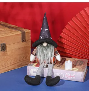Close-up detail of a Halloween long-legged gnome doll featuring a wizard hat and starry pattern