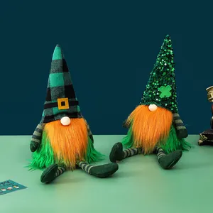 St Patricks Day Gnom Plüsch Ornamente Grünes Blatt Kobold Gesichtslos Puppe Lange Beine Elf Regalhocker Deko Geschenk Grün