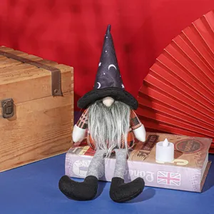 Halloween gnome doll featuring a black wizard hat and long legs for festive home decoration