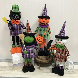 Halloween Retractable Plush Doll Pumpkin Witch Black Cat Ghost Figurine Halloween Party Home Decor Plaid Fabric Extendable Leg Doll Ornament