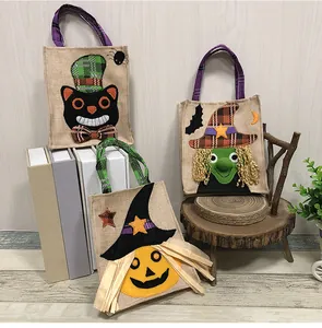 Halloween burlap gift bags featuring pumpkin, witch, and black cat designs for party favors.
