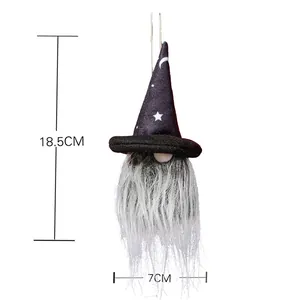 Halloween Hängegnom Plüschdekoration mit schwarzem Zaubererhut und langem grauem Bart