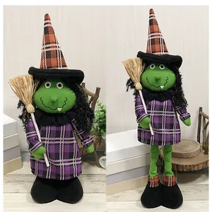 Halloween witch plush doll with retractable legs and purple plaid dress for decor