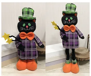 Telescopic Halloween cat plush doll ornament featuring purple plaid shirt and a green hat