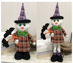 Detail of Halloween plush snowman featuring telescopic legs and a festive plaid outfit