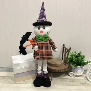 Halloween telescopic doll ornament in plaid outfit and witch hat holding bats