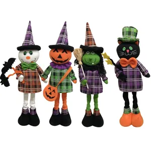Halloween plush doll set with telescopic legs pumpkin witch and black cat