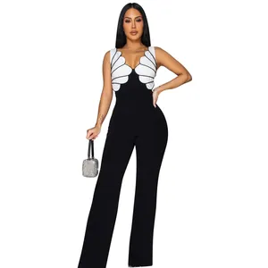 Combinaison sexy sans manches col V avec bustier aile blanche et pantalon large noir