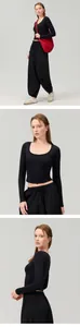 Slim fit long sleeve black yoga top with scoop neck showing front side and full body views
