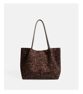 Large retro leopard print suede tote bag with thin shoulder straps for daily commuting